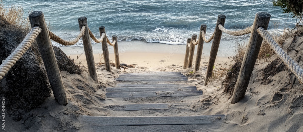 Sticker Wooden stairs with rope railing leading to sandy beach with gentle waves in turquoise water creating a serene coastal atmosphere.