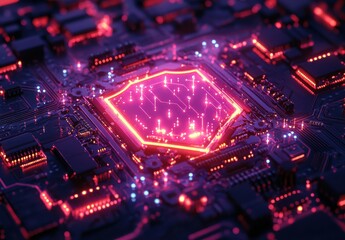 Obraz premium Futuristic Circuit Board with Glowing Shield Design Symbolizing Technology Security and Digital Protection in Neon Colors