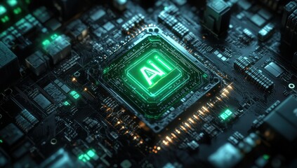 Fototapeta premium Futuristic Close-Up of Computer Chip with Glowing AI Symbol on Circuit Board for Technology and Innovation Concepts