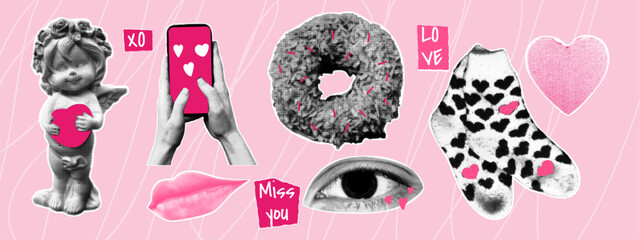 Valentine's Day collage elements set. Angel, lip, eye, socks, heart, donut. Retro halftone effect.