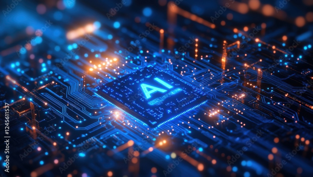 Poster futuristic close-up view of an artificial intelligence microchip surrounded by glowing circuitry and