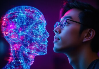 Futuristic Collaboration between Human and Digital Representation in Neon Glow with Technology Elements and Abstract Visualization of Intelligence
