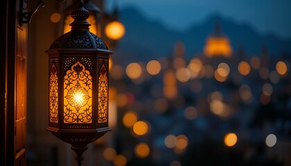 A mesmerizing ramadan lantern glowing warmly amidst magical bokeh lights, symbolizing cultural celebration and festivity.