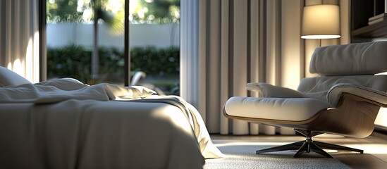 Modern bedroom scene featuring a neatly made bed in soft beige tones, illuminated by natural light from large windows and complemented by a stylish armchair.