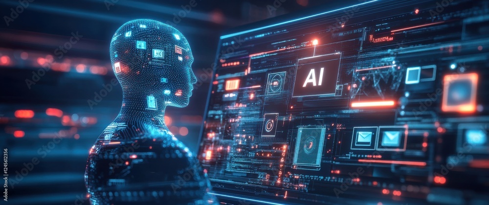 Poster futuristic concept of artificial intelligence with digital human figure interacting with virtual dat