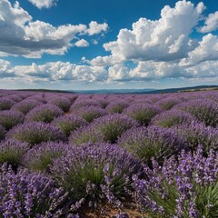Naklejka premium A sweeping view of a lavender field stretching towards the horizon under a blue sky with fluffy white clouds.
