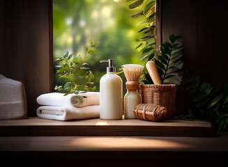 Bathroom essentials displayed on a wooden shelf by a window with lush greenery create a spa-like and tranquil atmosphere in the space.