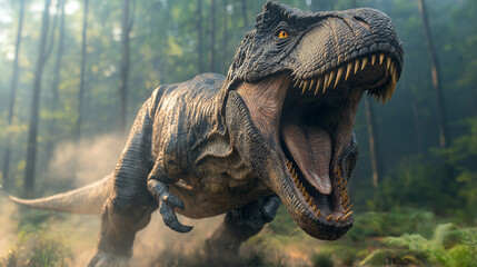 Fototapeta premium Portrait of walking tyrannosaurus rex in tropical forest
