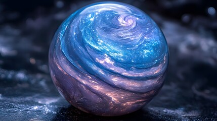 Blue marble ball with swirl pattern and opalescent textures glowing softly on a dark background