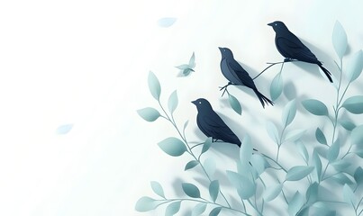 Birds perched on branches, serene background, nature, spring design