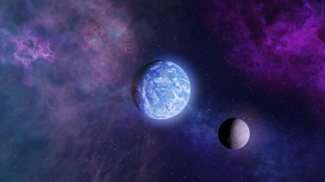Earth and its Moon in space

A beautiful view of Earth and its Moon, floating in the vastness of space. The cosmic background features vibrant purple and blue nebulae, enhancing the beauty of this cel