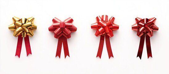 Festive Christmas bows in gold and red arranged neatly on a clean white background, enhancing the charm and elegance of holiday gift wrapping