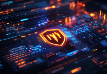 Obraz premium Futuristic Cyber Shield with Data Streams and Neon Lights Representing Digital Security and Advanced Technology Concepts in a Darkened Background