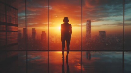 Woman Silhouetted at Sunset, Office, Cityscape, Success