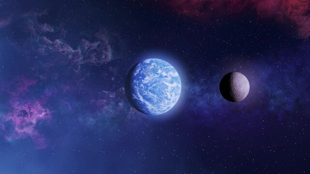 Earth and its Moon in space

A beautiful view of Earth and its Moon, floating in the vastness of space. The cosmic background features vibrant purple and blue nebulae, enhancing the beauty of this cel