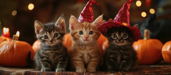 Playful kittens wearing colorful witch hats pose beside bright orange pumpkins in a softly lit setting perfect for Halloween festivities.