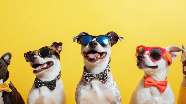 A playful pack of dogs dressed in funky, mismatched costumes, rocking sunglasses and bow ties, striking hilarious poses against a bright yellow background.