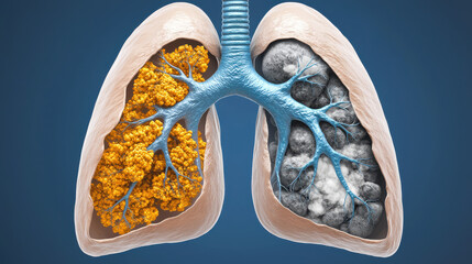 Fototapeta premium The Impact of PM 2.5 on Health and Environment Themed, close up of lungs showing one side healthy and other affected, illustrating contrast