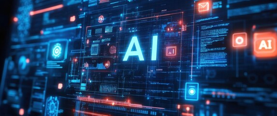 Obraz premium Futuristic Digital Background with AI Concept, Neon Lights, Data Visualization, and Technological Elements for Artificial Intelligence Themes and Presentations