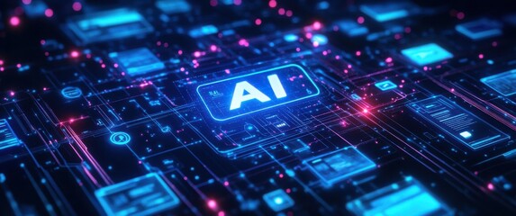 Fototapeta premium Futuristic Digital Background with AI Concept Featuring Circuit Patterns and Bright Neon Colors for Technology and Innovation Themes