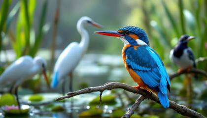 Naklejka premium Vibrant Blue Kingfisher Bird on Branch by Pond