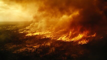 Obraz premium Aerial view of a large city fire, with emergency lights visible amid the chaos