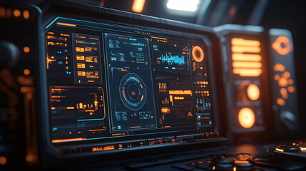 Obraz premium Futuristic control panel displaying various data metrics and graphs in a dark environment with orange accents and glowing elements alongside intricate technological details.