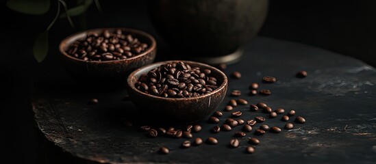 Elegant arrangement of coffee beans in dark bowls against a textured black background showcasing rich brown hues and organic shapes of coffee.