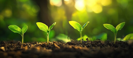Business growth strategy image featuring four young green plants growing in rich soil under soft, warm sunlight, with a blurred natural background.