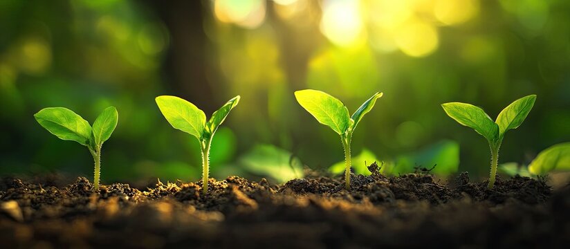 Business growth strategy image featuring four young green plants growing in rich soil under soft, warm sunlight, with a blurred natural background.