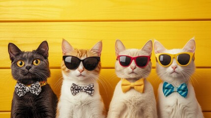 A stylish crew of cats in colorful costumes, funky sunglasses, and cute bow ties, posing for a fun and quirky promotion against yellow