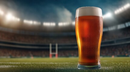 A tall glass of beer stands prominently in a stadium, with rugby posts in the background, evoking a lively sports atmosphere.