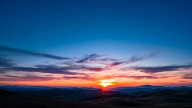 Vibrant sunset casting colorful hues over peaceful rolling hills. Nature concept