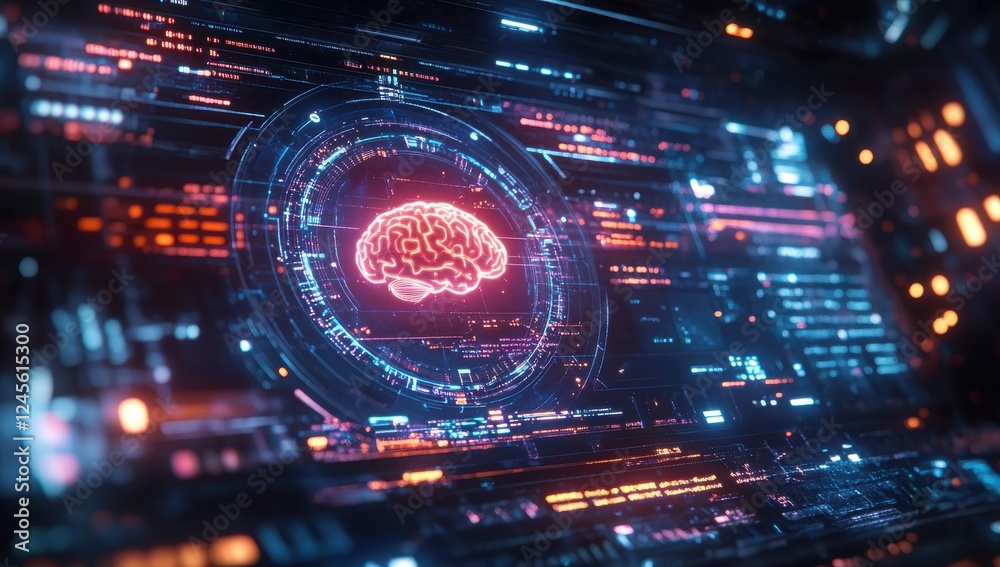 Poster futuristic digital brain interface with neon lights and circuit patterns in a high-tech laboratory e