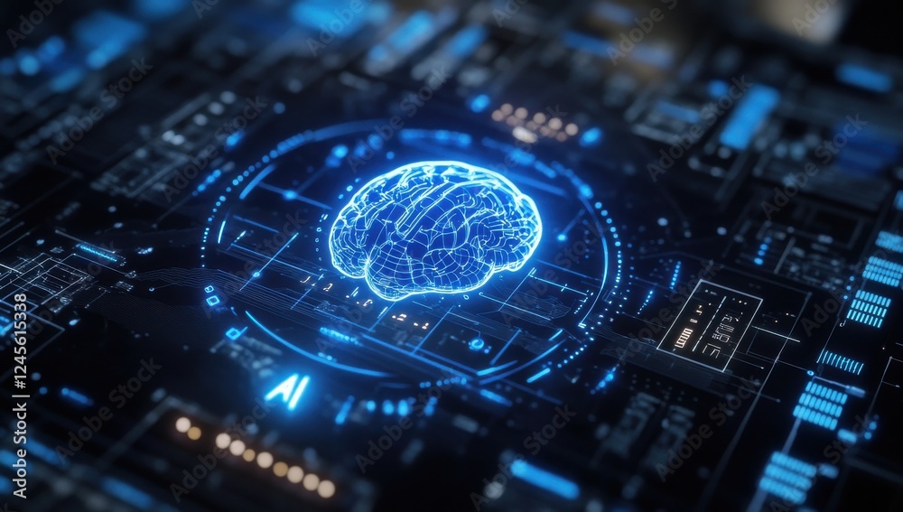 Poster futuristic digital brain interface with neural connections and glowing circuit background representi
