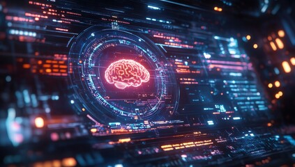 Obraz premium Futuristic Digital Brain Interface with Neon Lights and Circuit Patterns in a High-Tech Laboratory Environment