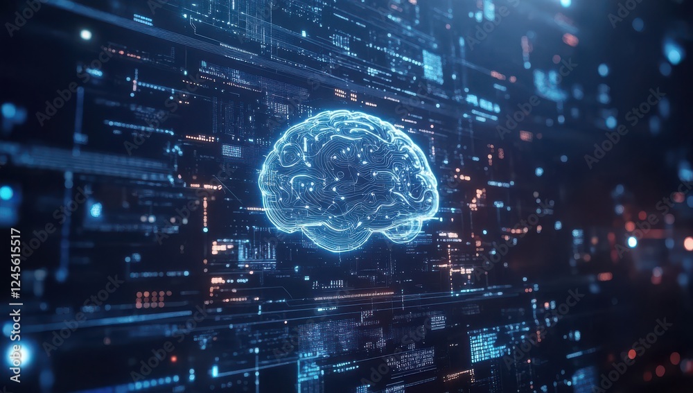 Poster futuristic digital brain representation with glowing circuitry and data patterns in a virtual techno