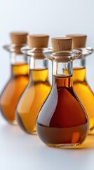 A selection of various oils in elegant glass bottles with wooden tops, showcasing rich colors and textures.