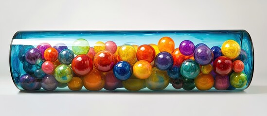 Colorful spheres in a clear cylindrical container with a blue tint, featuring a vibrant mix of hues including orange, purple, and green.