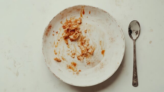 Empty pasta plate, sauce stains, spoon, kitchen table