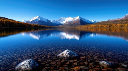 A serene landscape featuring a calm lake reflecting majestic mountains under a clear blue sky.