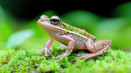 Green frog on moss, rainforest background, wildlife photography, nature stock