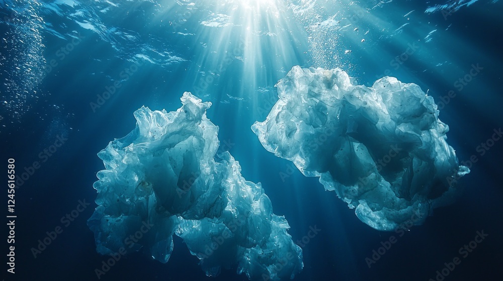 Poster surrounded by beams of sunlight filtering through the water, two large clusters of plastic resemble 