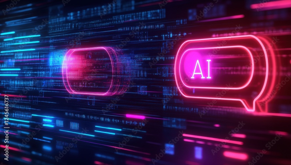 Poster futuristic digital communication concept with neon chat bubbles representing artificial intelligence