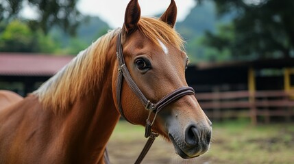 Close-up view of a brown horse in a rural setting with green trees and a stable in the background during daylight hours