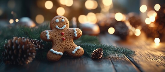 Gingerbread man cookie with icing details positioned on a rustic wooden surface surrounded by pinecones and soft glowing Christmas lights.