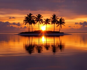 A serene sunset over a tranquil island with palm trees perfectly reflecting in the calm water.