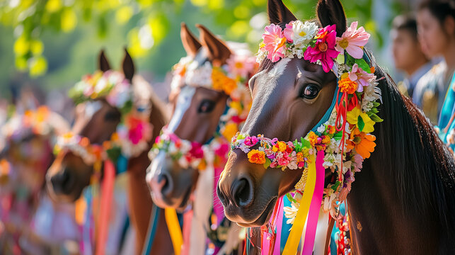 Horses decorated with flowers and ribbons, participants in brightly colored clothes take part in the procession at the April Horse Blessing Ceremony, Ai generated images