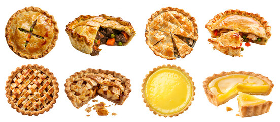 Collection of 4 classic tradition pie tart tartlet. Lattice apple, lemon, Meat beef chicken pot on transparent background cutout PNG file. Mockup template for design	
