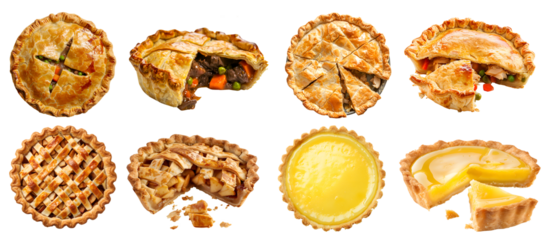 Collection of 4 classic tradition pie tart tartlet. Lattice apple, lemon, Meat beef chicken pot on transparent background cutout PNG file. Mockup template for design	
